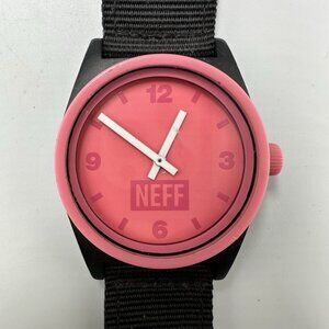 Neff Daily Watch Men Black Pink 44MM Round Dial Nylon Band New Battery 9.5"